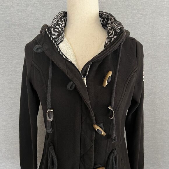 Hollister Hooded Zip Up Faux Fur Coat Size M Toggle Fair Isle Shearling Black - Picture 4 of 13